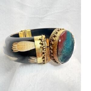 Vintage Handcarved Bracelet Brass Cuff with Bloodstone – Artisan Hinged Bracelet